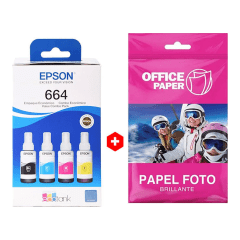 Combo Tintas Epson T664 Pack x4 + Papel Fotográfico A4 - Negro, Cian, Magenta y Amarillo 70 ml