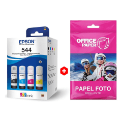 Combo Tintas Epson T544 Pack x4 + Papel Fotográfico A4 - Negro, Cian, Magenta y Amarillo 65 ml
