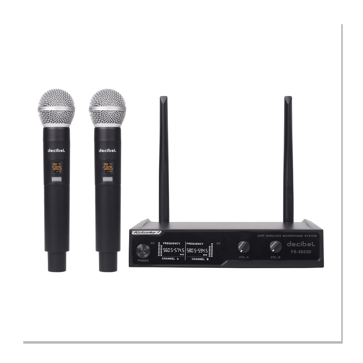 Micrófonos Inalámbricos Decibel FS-2023D Negro - UHF, Receptor Base LED y X2 Mic1