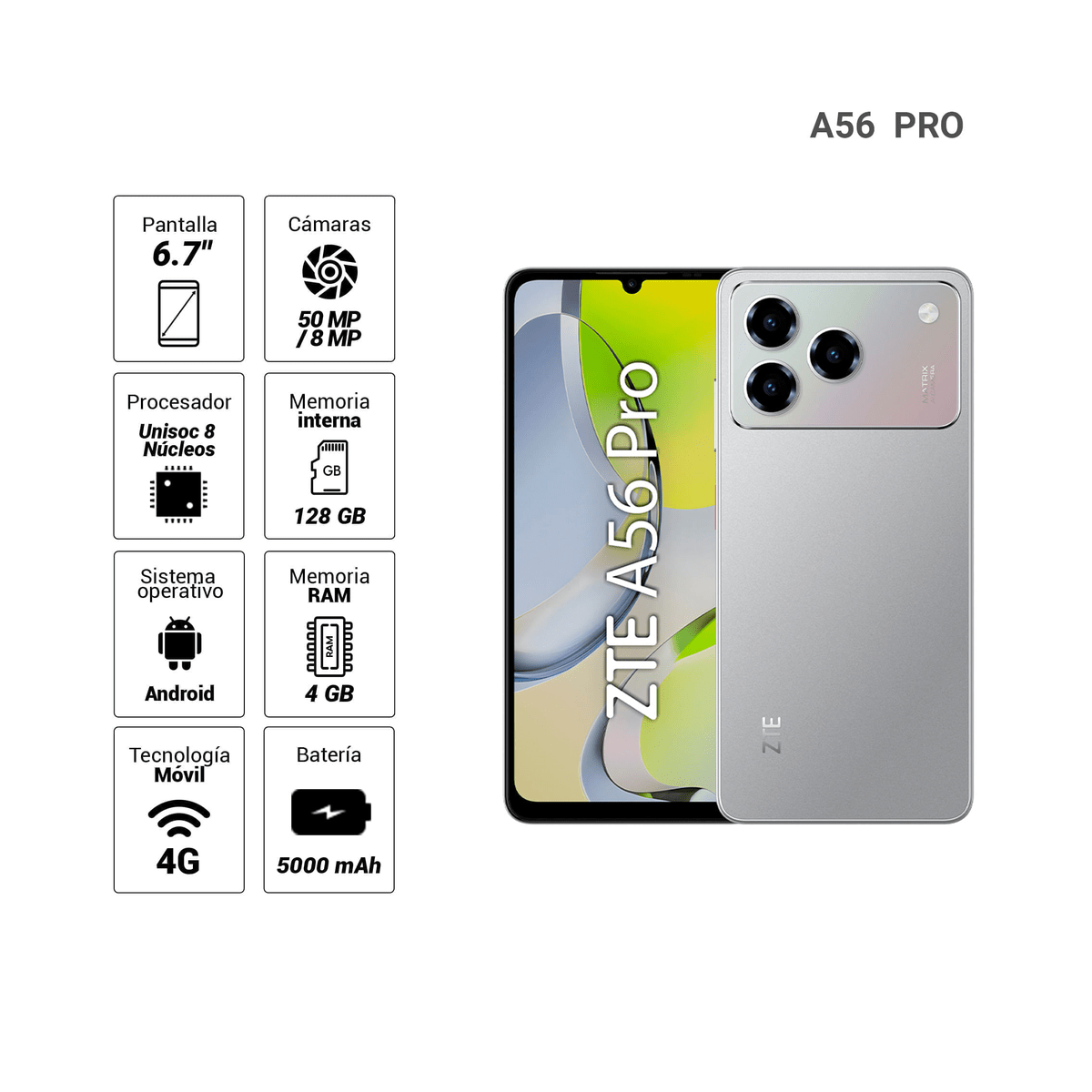 Celular ZTE Blade A56 Pro 4G 128GB Gris - Unisoc T7250, Pantalla 6.75