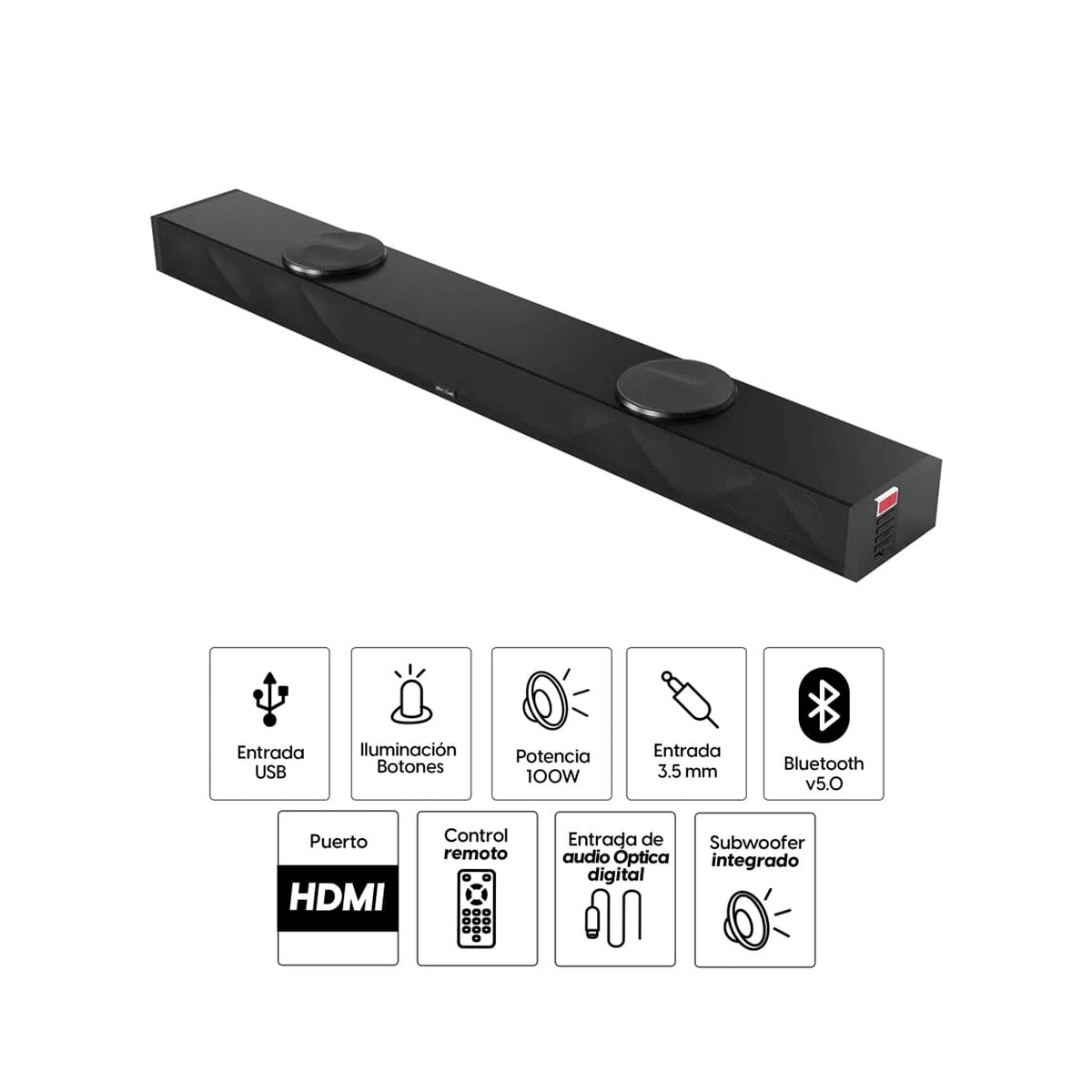 Barra de Sonido Decibel S25 Negro - 2.1 Canales 100W, Bluetooth 5.0, HDMI y USB2