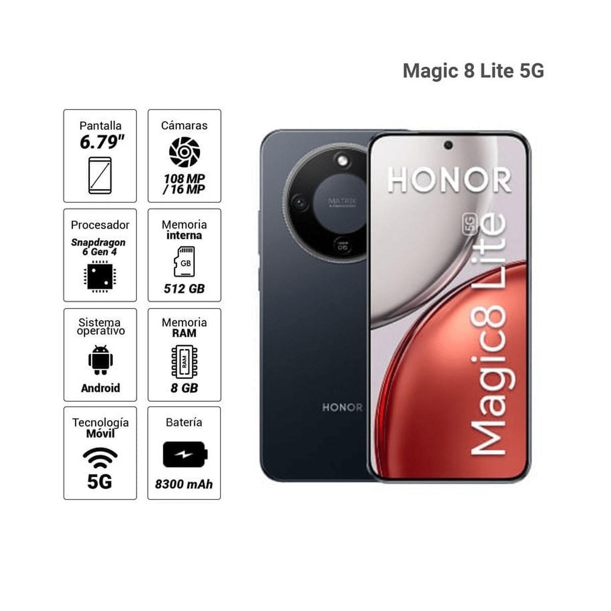 Celular Honor Magic 8 Lite 5G 512GB Negro - Snapdragon 6 Gen 4, Pantalla 6.79