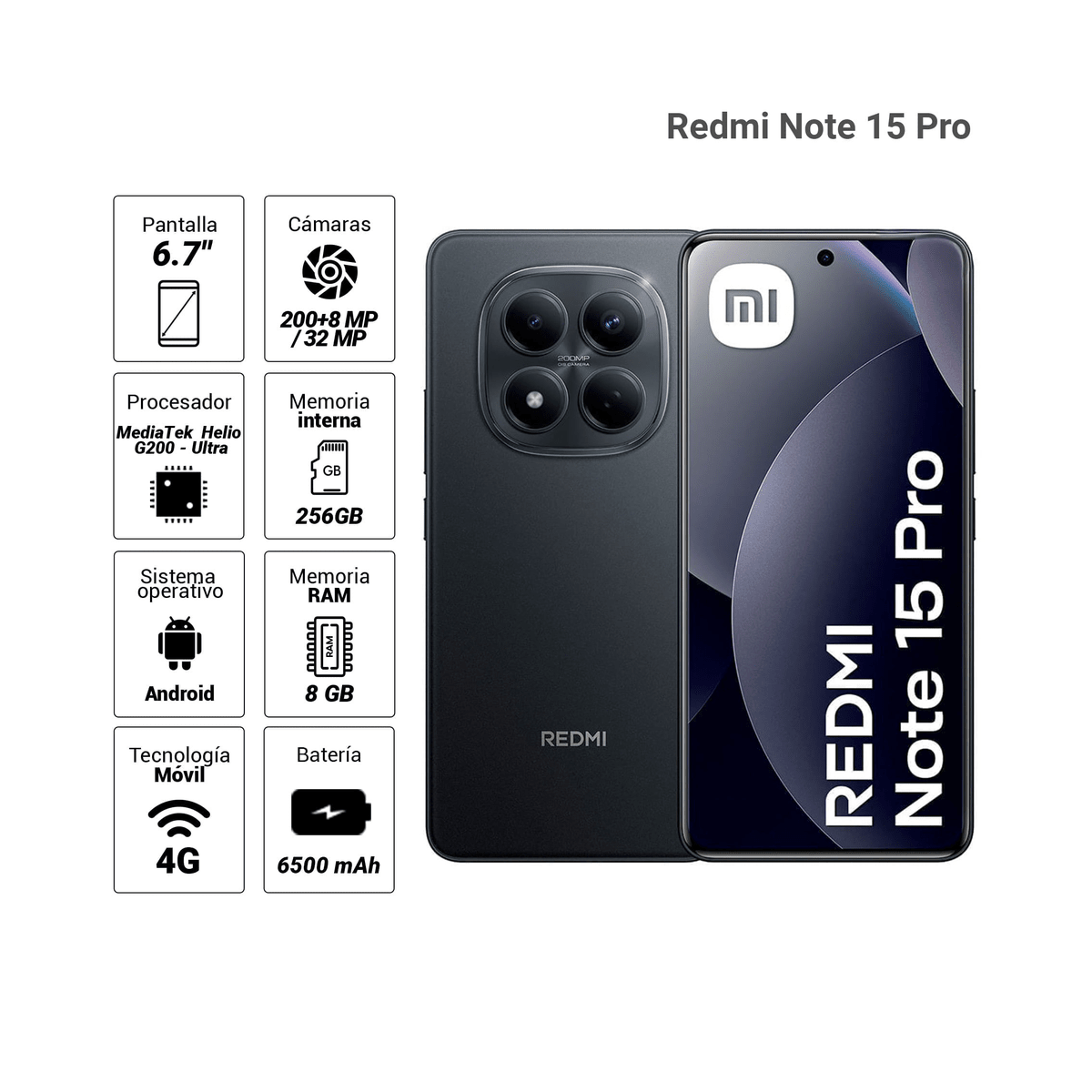 Celular Xiaomi Redmi Note 15 Pro 4G 256GB Negro - Helio G200 Ultra, Pantalla 6.77