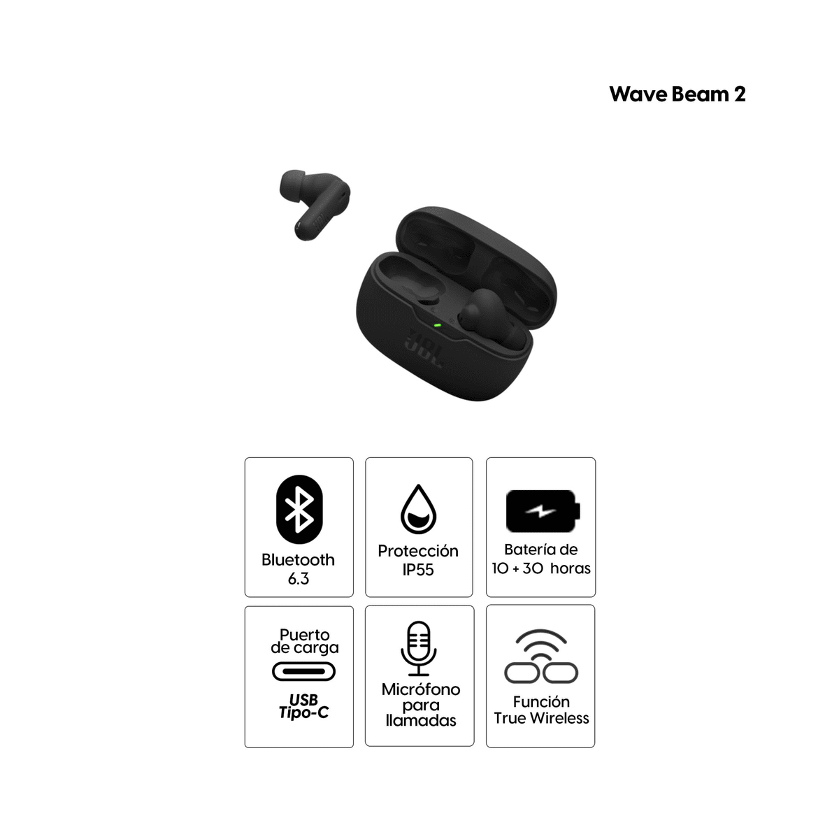 Audífonos True Wireless JBL Wave Beam 2 Negro - ANC, Hasta 40 h e IP542