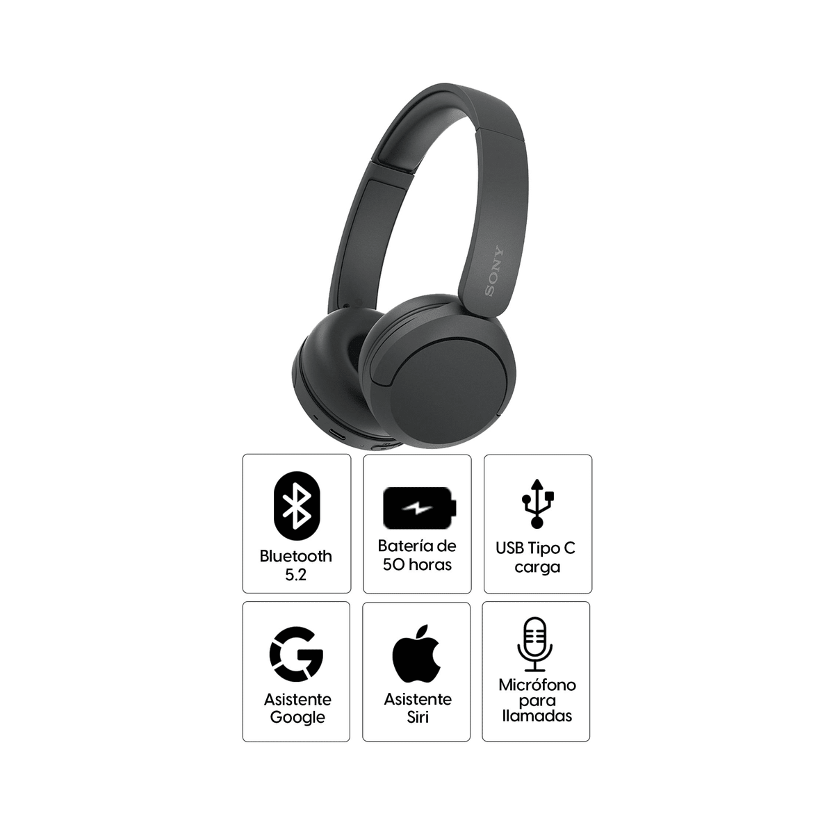 Audífonos Bluetooth Sony WH-CH520 Negro - On-Ear, Hasta 50 h y Micrófono2