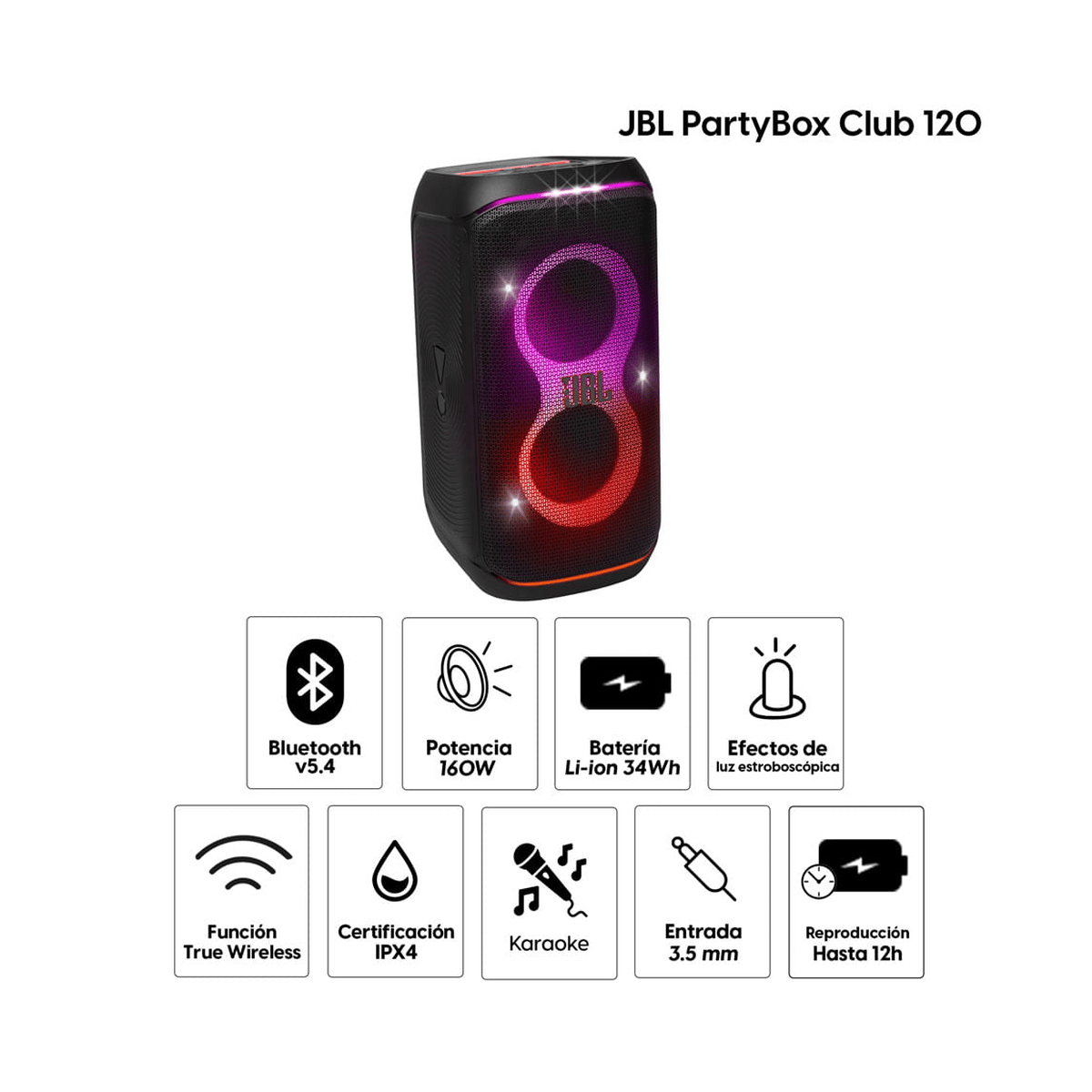 Parlante Torre JBL PartyBox Club 120 Negro - 160 W, BT e IPX42