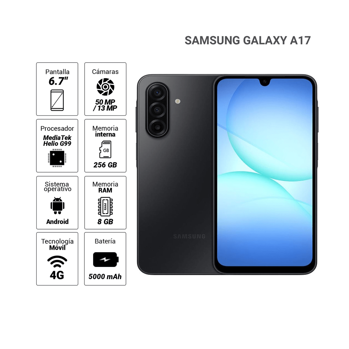 Celular Samsung Galaxy A17 4G 256GB Negro - Helio G99, Pantalla 6.7