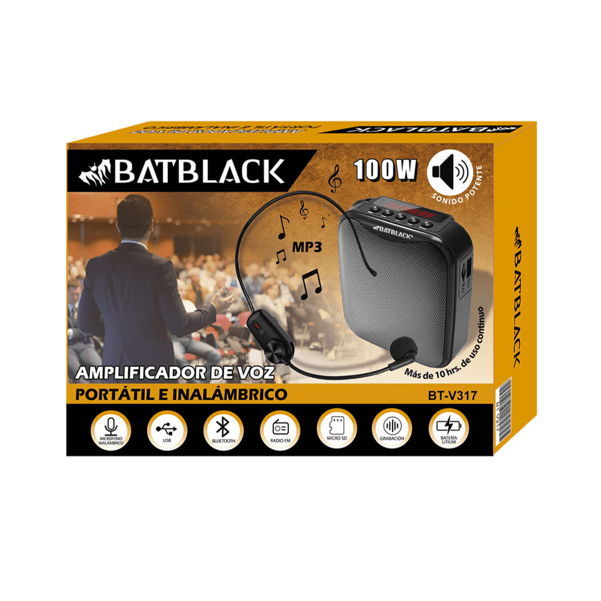 Amplificador de Voz Batblack BT-V317 Negro - Vincha, 100W, Bluetooth y Micro SD2