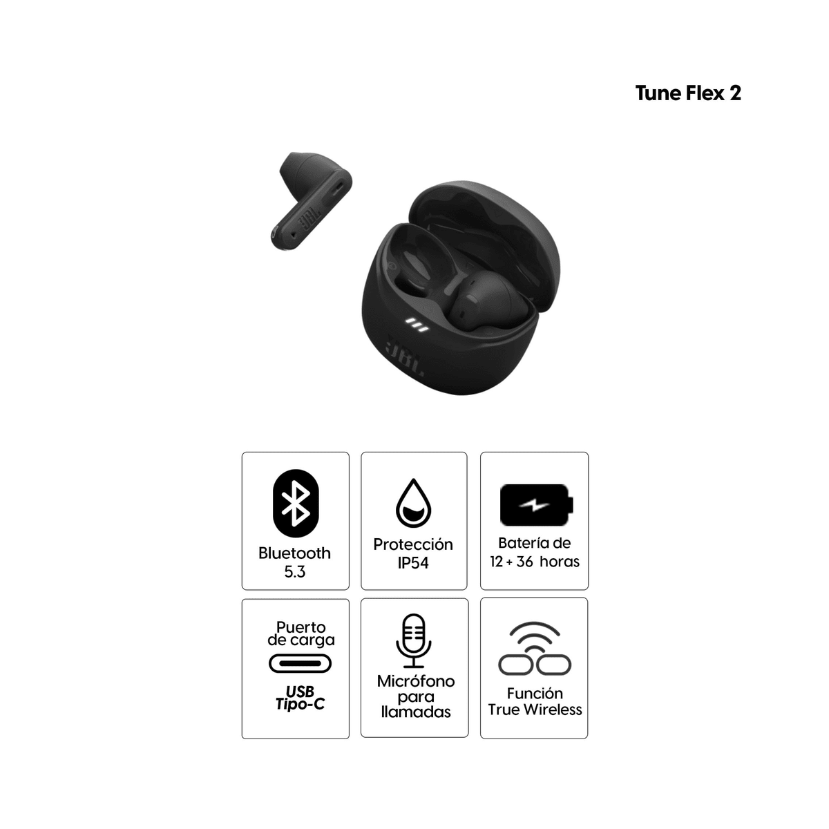 Audífonos True Wireless JBL Tune Flex 2 Negro - ANC, BT y Estuche2