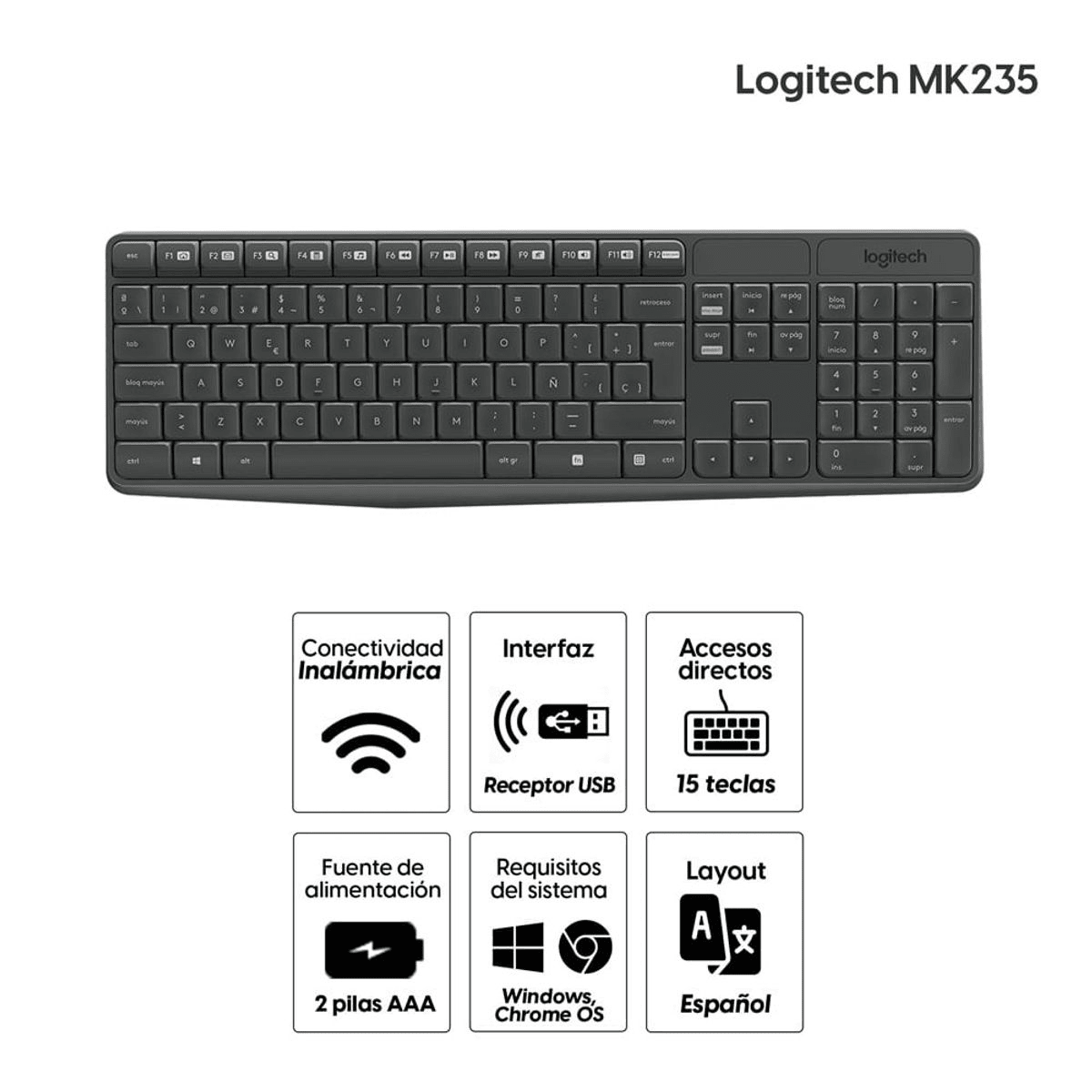 Kit Teclado y Mouse Logitech MK235 Negro - 2.4 GHz, Español y Receptor USB2