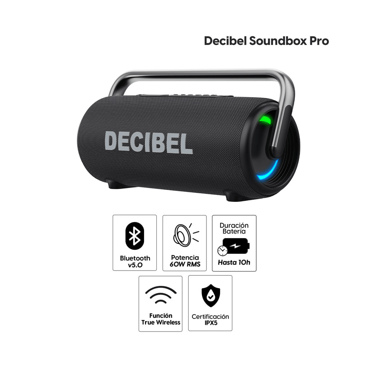 Parlante Bluetooth Decibel Soundbox Pro Negro - 60W RMS, BT 5.0 y Hasta 10 h2