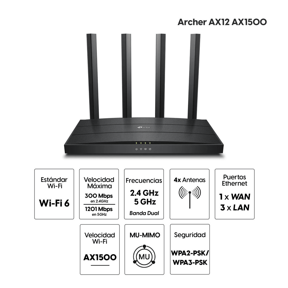 Router TP-Link Archer AX12 Negro - Wi-Fi 6 AX1500 Doble Banda, 4 Antenas y Puertos Gigabit4