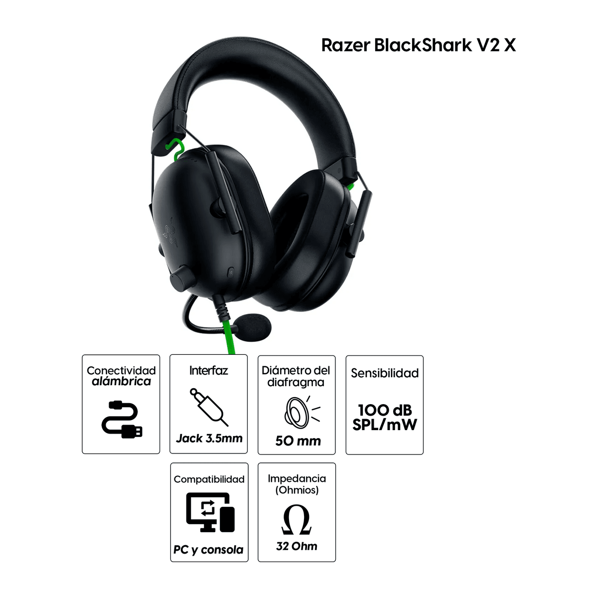 Audífonos Gamer Razer BlackShark V2 X Negro - TriForce 50 mm, Mic HyperClear y Jack 3.5 mm5