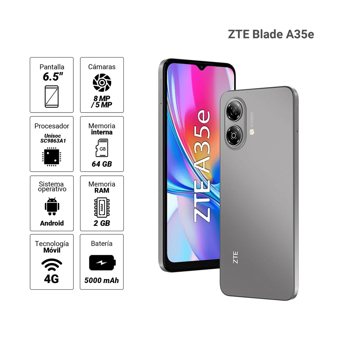 Celular ZTE Blade A35e 64GB Gris - 2GB RAM, 6.52