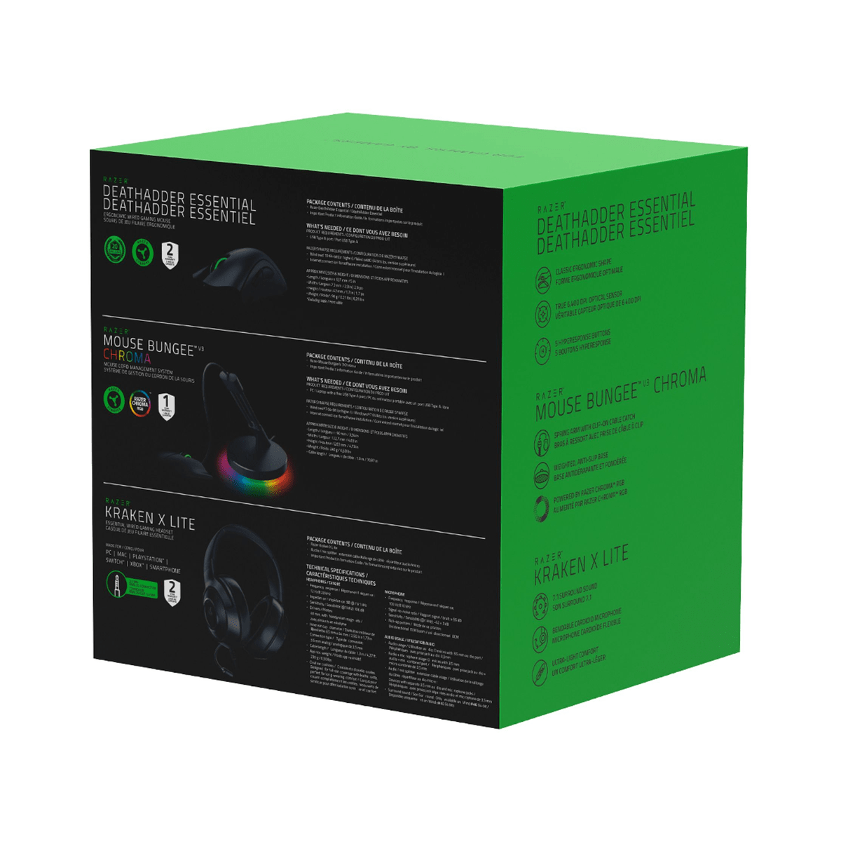 Kit Gamer Razer Negro - Kraken X Lite + DeathAdder Essential + Bungee V3 Chroma6