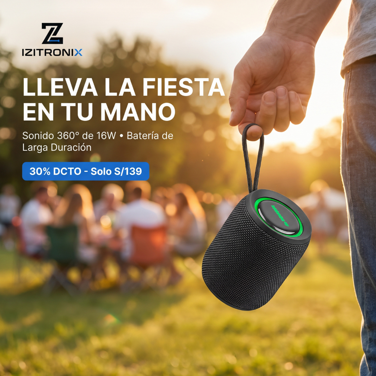 Parlante Bluetooth Acuático MOVISUN Power Smart | IPX7, 16W, Sonido 360° y Luces LED - Negro3