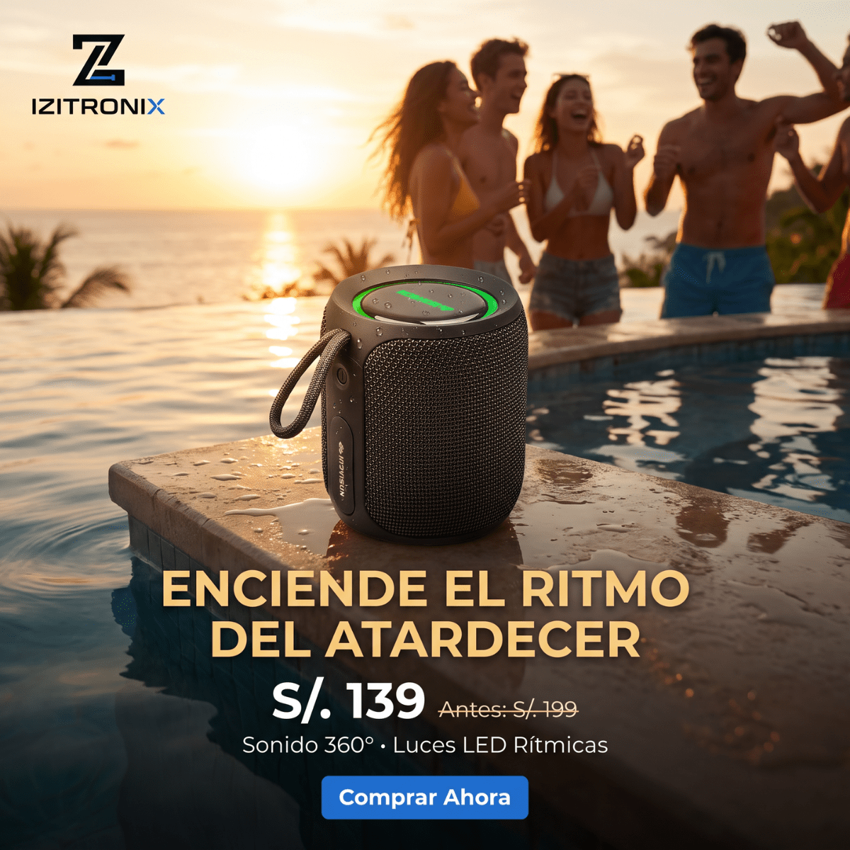 Parlante Bluetooth Acuático MOVISUN Power Smart | IPX7, 16W, Sonido 360° y Luces LED - Negro4