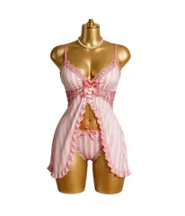 Babydoll Lencería Sexy Rayas Estampado Con Semi Hilo Set 1