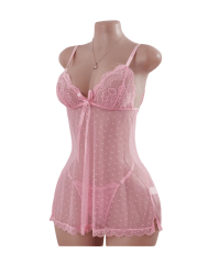 Babydoll Lenceria Sexy De Encaje Rosado Vestido Pijama 1