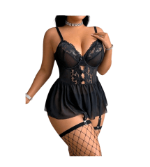 Babydoll Lenceria Sexy De Encaje Portaligas Con Medias