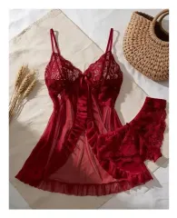Babydoll Lencería Sexy Fina De Encaje Y Cachetero Dos Piezas