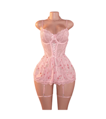 Babydoll lenceria Sexy Portaligas De Encaje y Tul Mesh