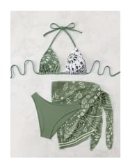 Bikini Ropa De Baño Mujer tres Piezas Con Pareo Verde