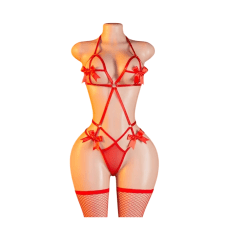 Body Siempre Lista Lencería Sexy Malla Rojo Con Lazos 1