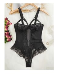 Body Lencería Sexy Encaje Y Tul Con Aro Negro Talla Exacta