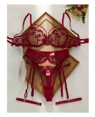 Conjunto Lencería Sexy Vino Con Portaligas Y Tanga Talla XL