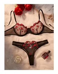 Lencería Conjunto De Dos Piezas Brasier Semihilo De Tul Bordado Sexy
