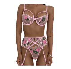 Lenceria Conjunto Sexy de Tul Bordado Rosado con Portaligas