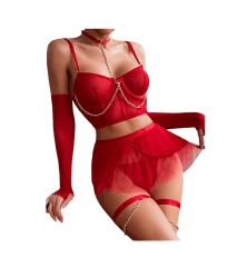 Conjunto Lenceria de Corset Rojo con Falda de Tul y Cadenas 0