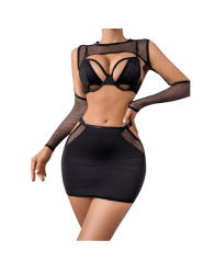 Conjunto de Lencería Sexy con Mini Falda y Mangas de Malla