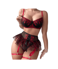 Conjunto Portaligas Estilo Tutú Lencería Sexy Bordada Negro