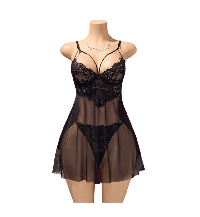 Babydoll Lenceria Sexy De Encaje Con Tanga Pijama2