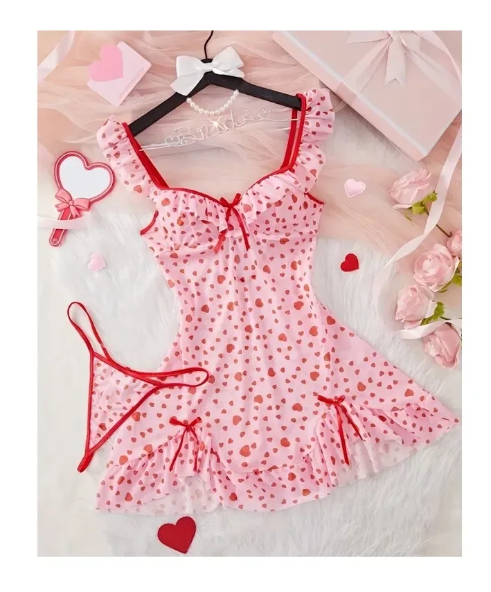 Babydoll Lencería Sexy Estampado Corazones Con Aros E Hilo2