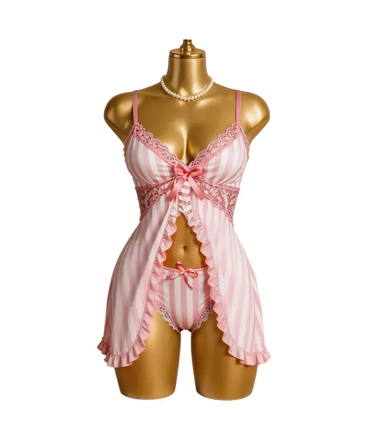 Babydoll Lencería Sexy Rayas Estampado Con Semi Hilo Set2