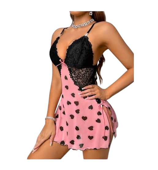 Babydoll Lenceria Pijama De Encaje Sexy Rosado4