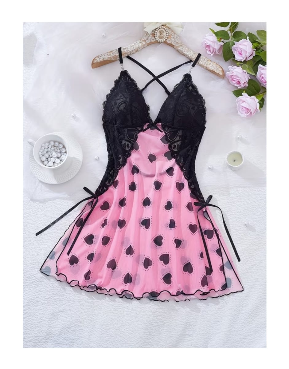 Babydoll Lenceria Pijama De Encaje Sexy Rosado1