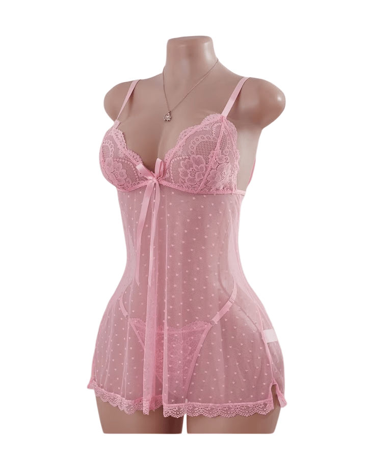 Babydoll Lenceria Sexy De Encaje Rosado Vestido Pijama2