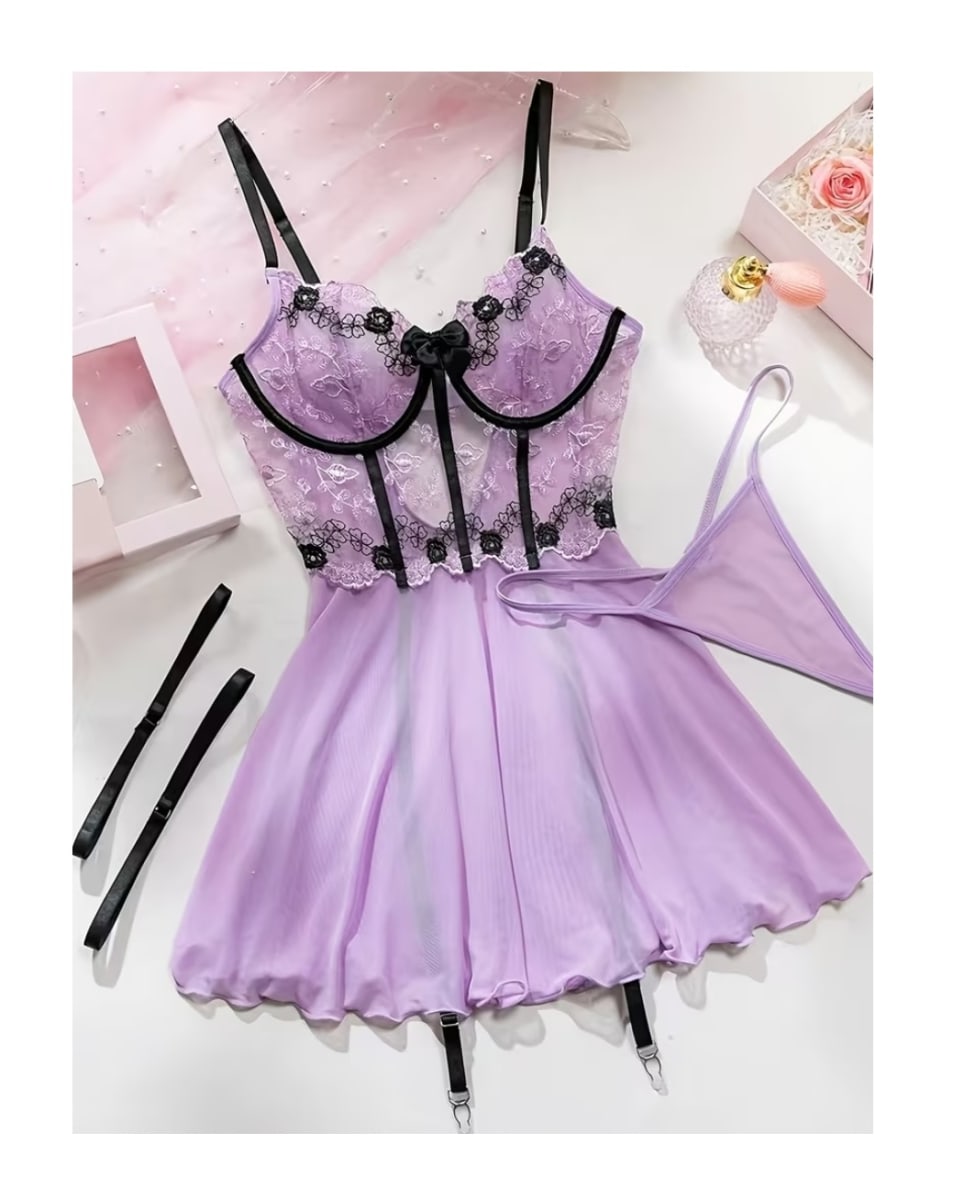 Babydoll Lenceria Sexy Portaligas con Ligueros Eroticos4