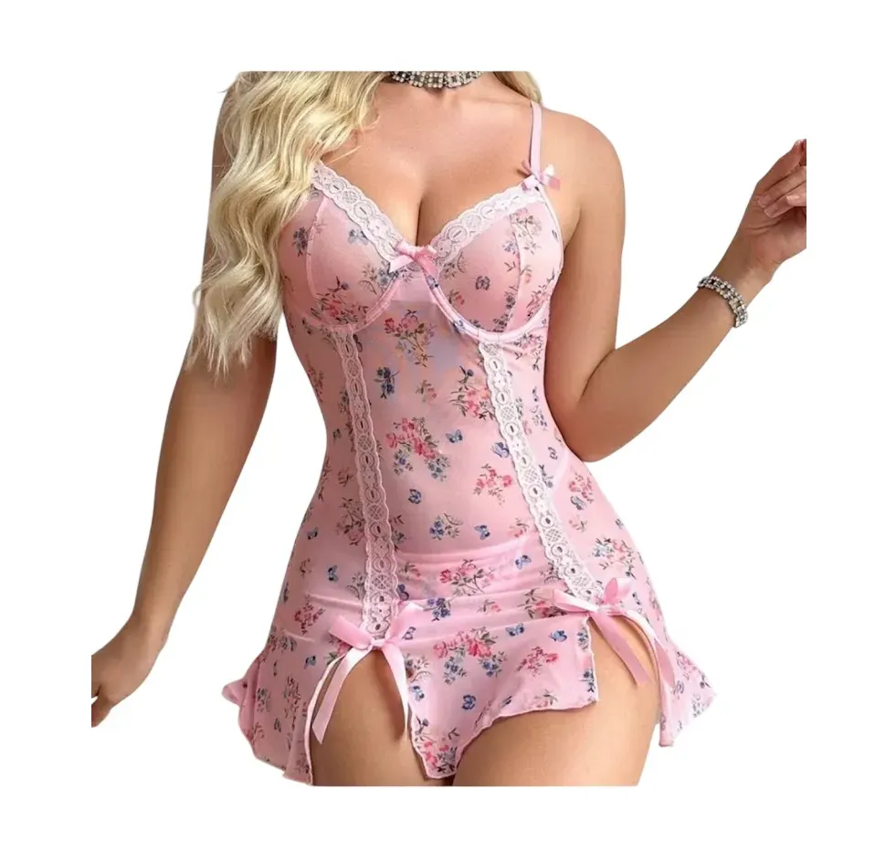 Babydoll Lencería Sexy Estampado Floral Con Aberturas E Hilo2