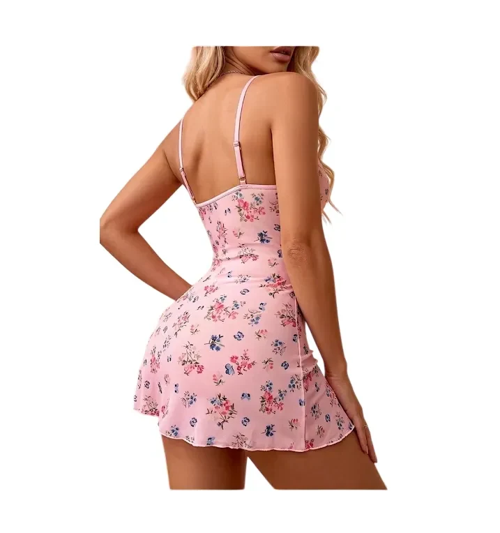 Babydoll Lencería Sexy Estampado Floral Con Aberturas E Hilo1