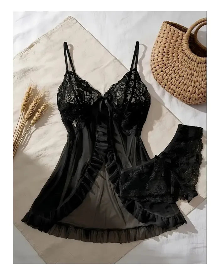 Babydoll Lencería Sexy Fina De Encaje Y Cachetero Dos Piezas1