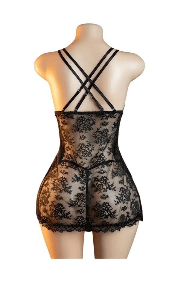 Babydoll Negro Lencería Sexy Fina De Encaje Hilo Dos Piezas1