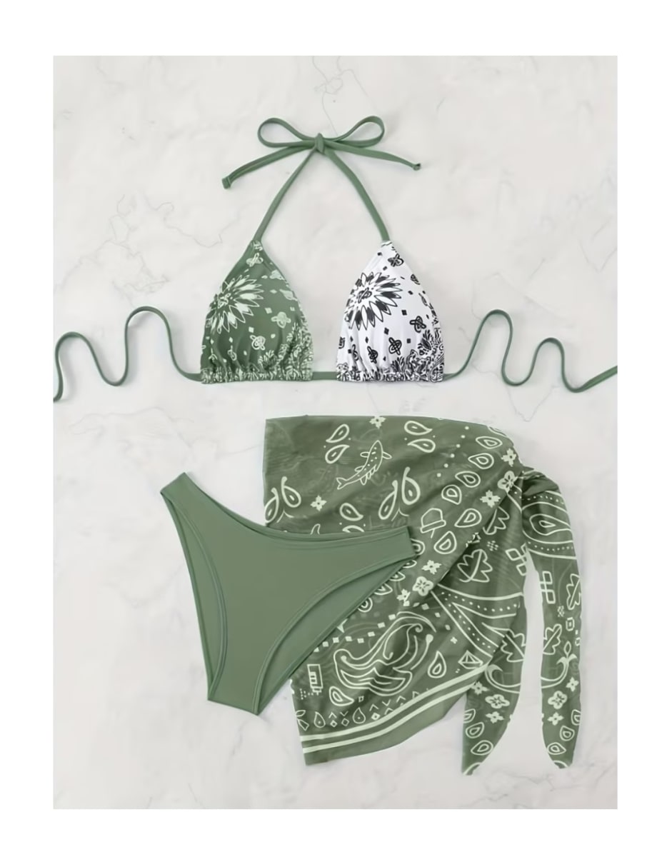 Bikini Ropa De Baño Mujer tres Piezas Con Pareo Verde1
