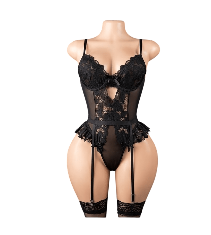 Lenceria Body Portaligas de Encaje Con Medias Malla Sexy3