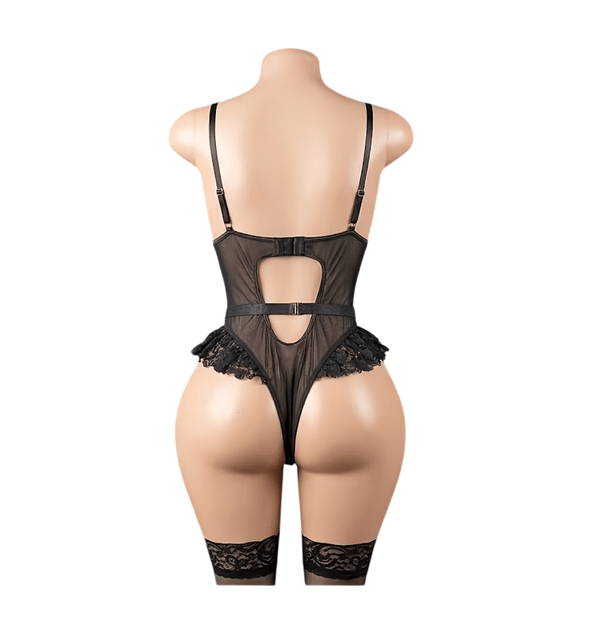 Lenceria Body Portaligas de Encaje Con Medias Malla Sexy4