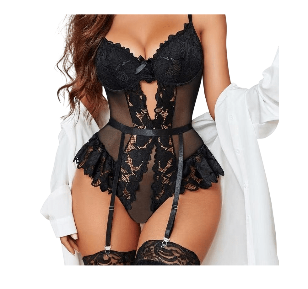 Lenceria Body Portaligas de Encaje Con Medias Malla Sexy1